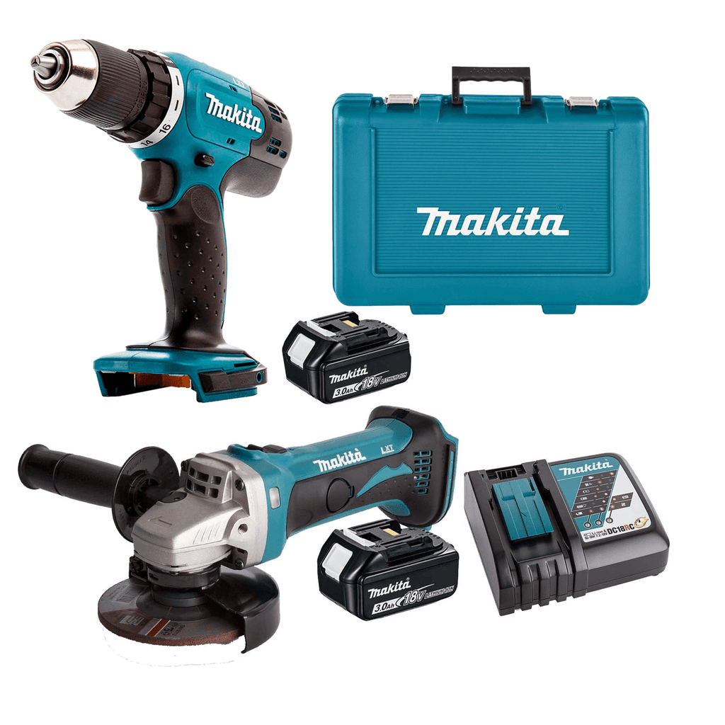 Makita Aku set bušilica i ugaona brusilica sa 2x baterije 3Ah i brzim punjačem DDF-DGA Kit