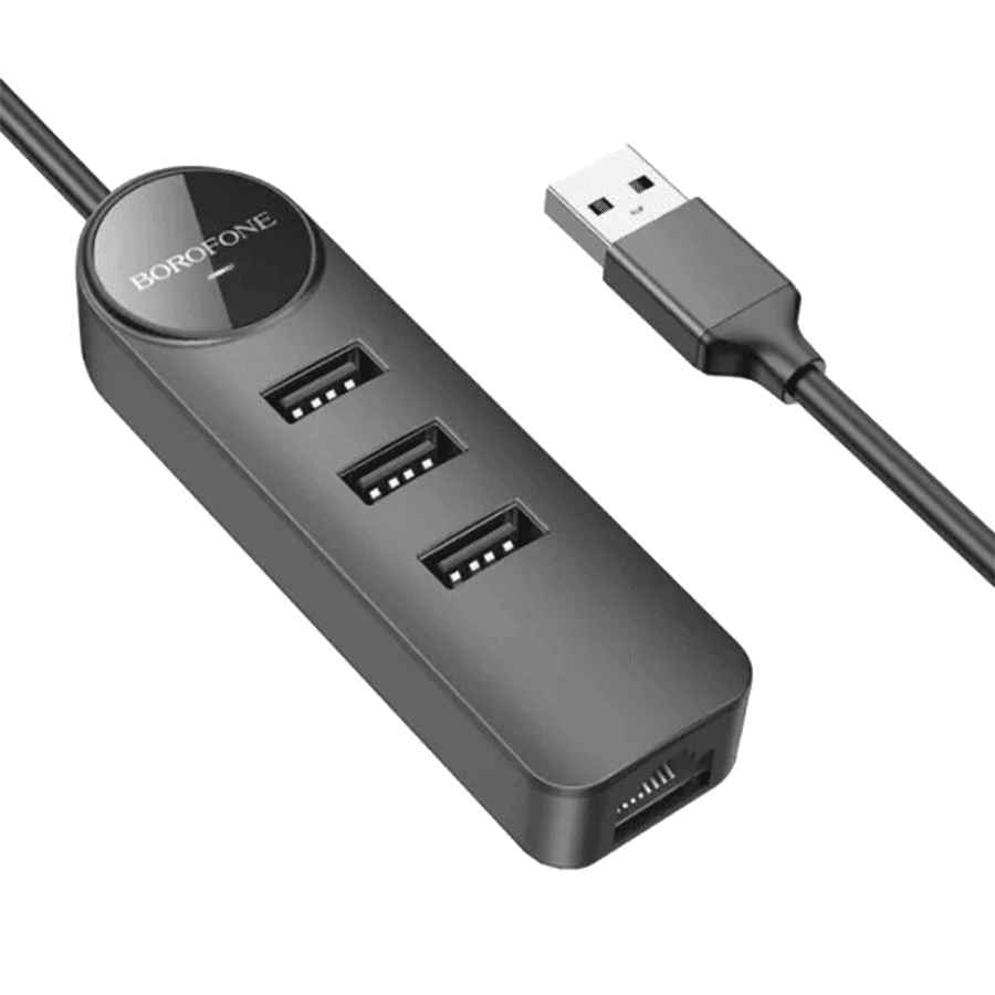 Borofone USB HUB + GLAN Ethernet Adapter DH6 Erudite 4-in-1, Crna