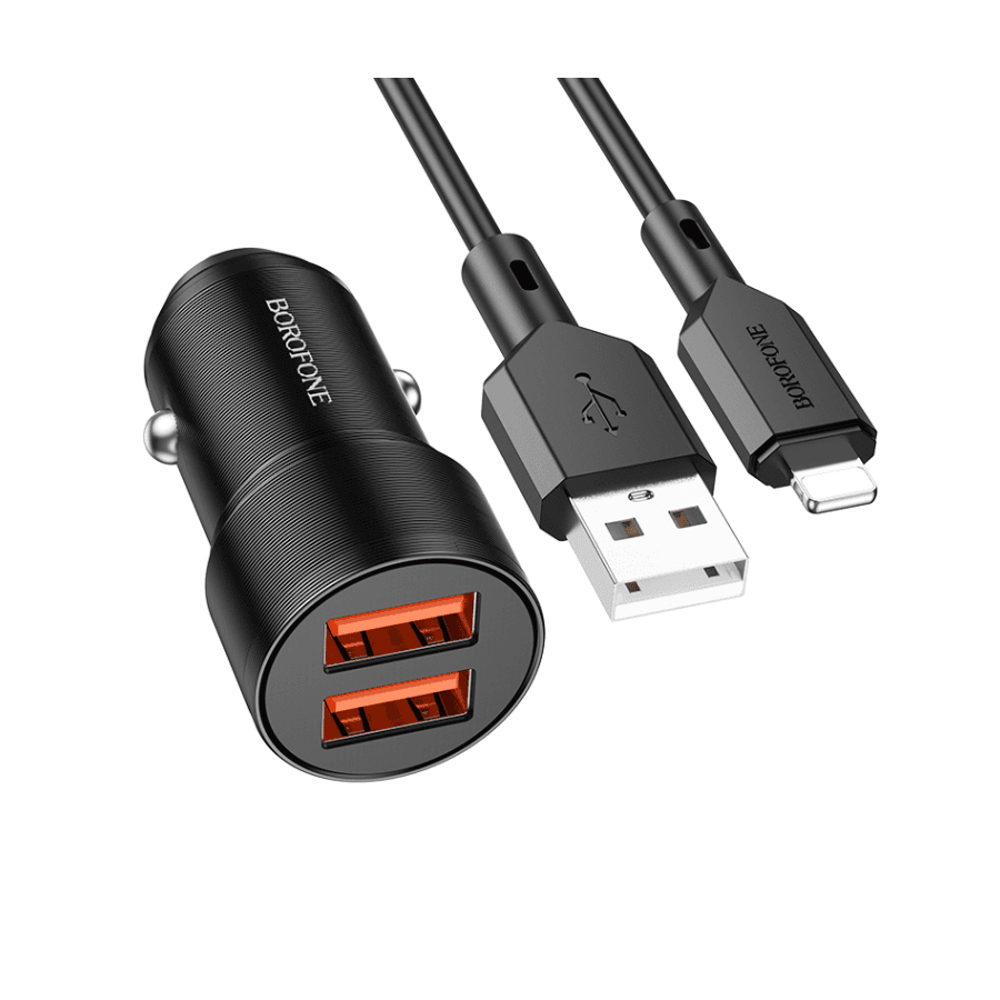 Borofone Auto punjač sa USB NA LIGHTNING kablom, Crni