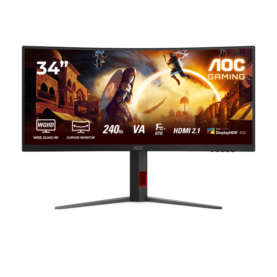 AOC Monitor CU34G4Z 34" Curved Fast VA, 3440×1440, 240Hz, 1500R, 1ms, HDR400, Adaptive Sync, 2×HDMI 2.1, 1×DP 1.4, USB hub, Ergonomic, Crni