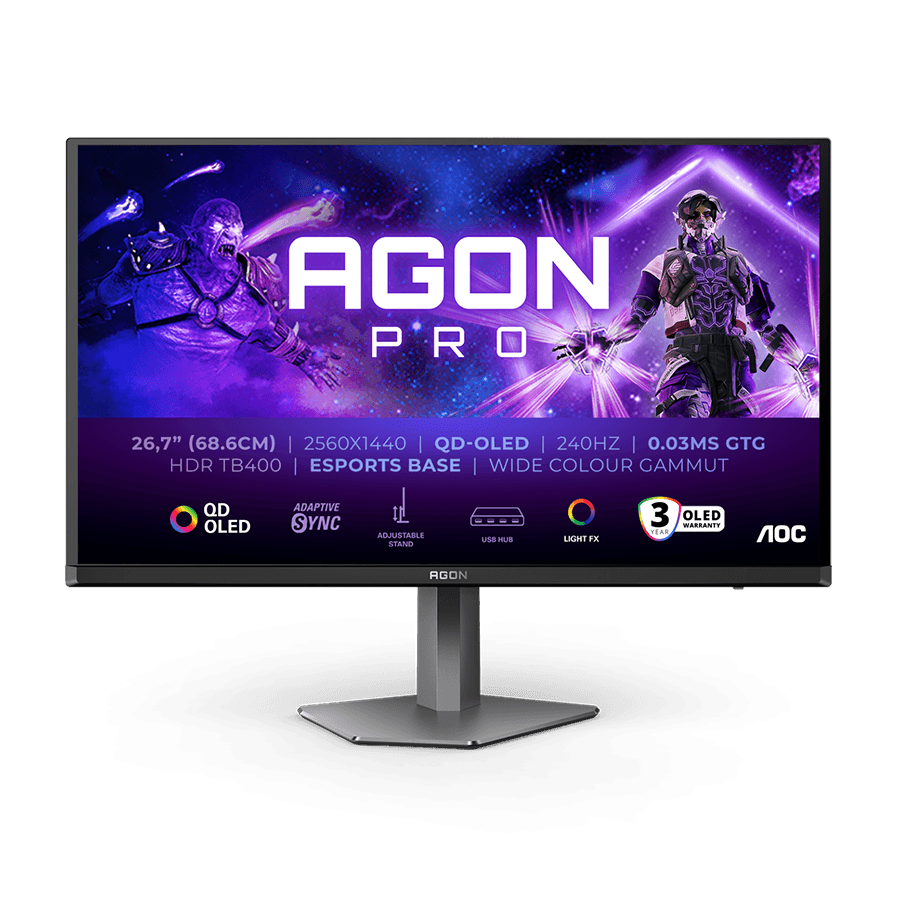 AOC Monitor AG276QZD2 AGON PRO ,26.7," QD-OLED, 2560×1440, 240Hz, 0.03ms, 250 cd/m², 3-sided frameless, Full Ergo, 2×HDMI, 2×DP, USB Hub, Sivi