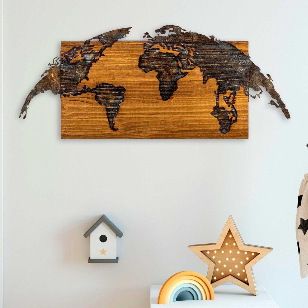Wallity Zidna dekoracija Mapa svijeta-1, 83cmx38cmx3cm, Hrast