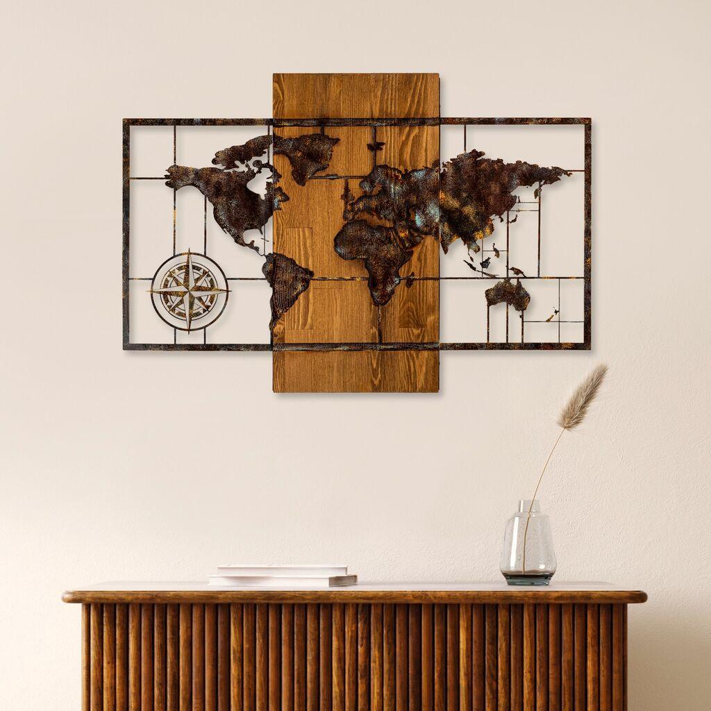 Wallity Zidna dekoracija Mapa svijeta sa kompasom 5, 58x85cm, Hrast