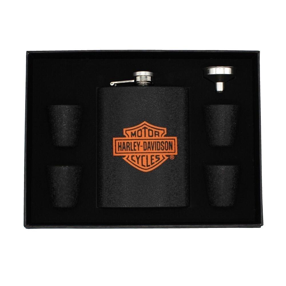 Poklon set Pljoska, 4 čašice + lijevak Harley Davidson, 240ml, Crni