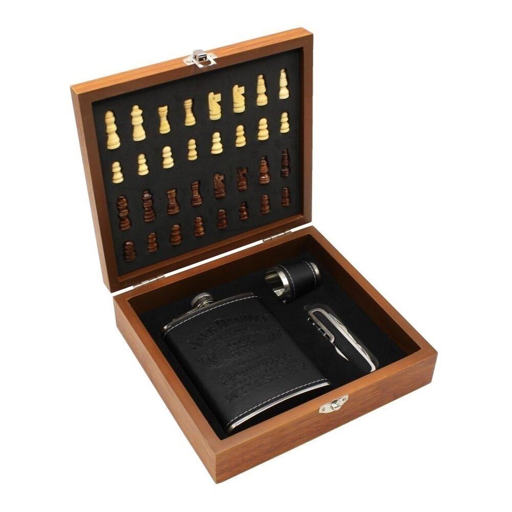 Poklon set Jack Daniel’s – Pljoska, Šah, Nož i Čašica (Crni)