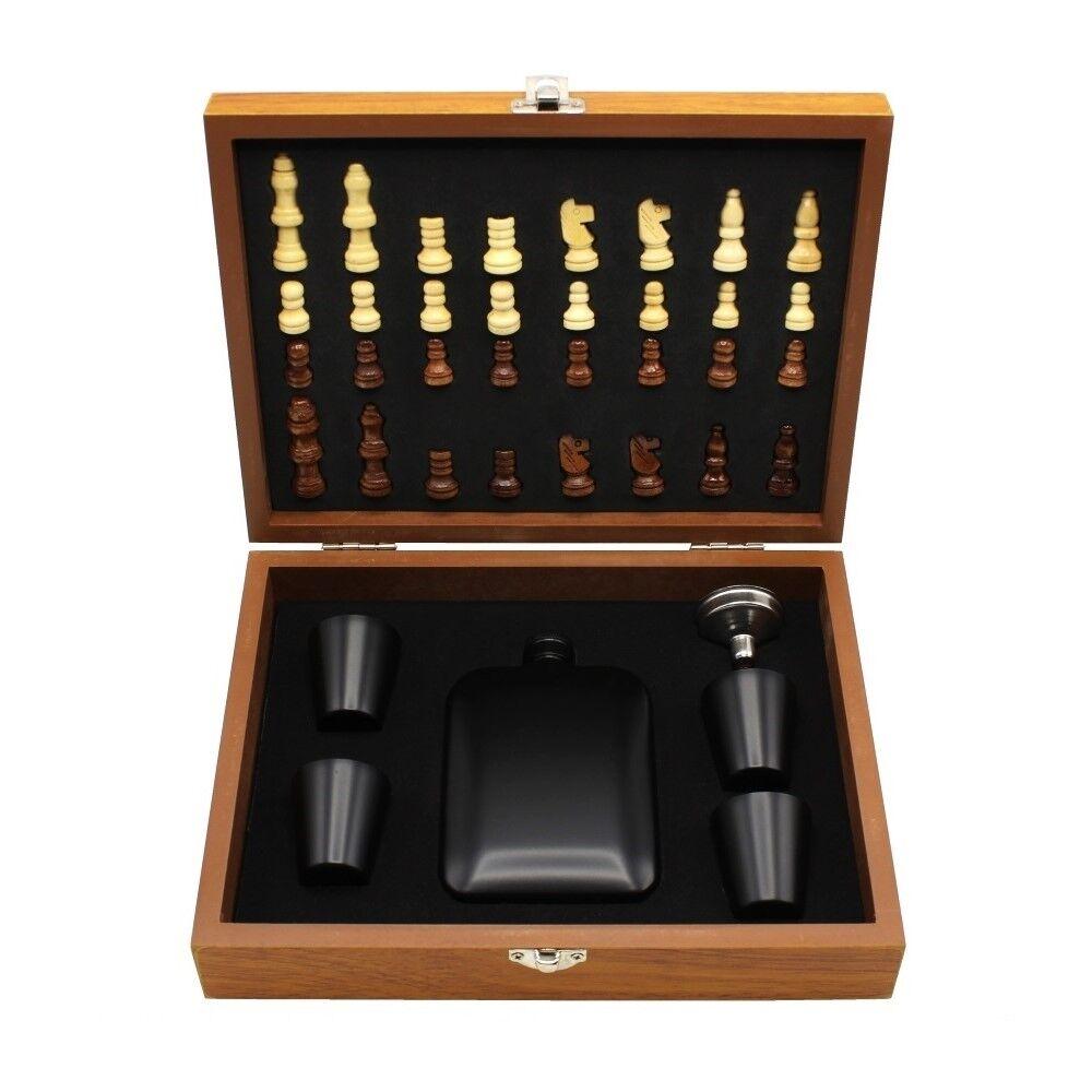 Poklon set pljoska sa šahom u drvenoj kutiji, 180 ml (4 čašice, crni)