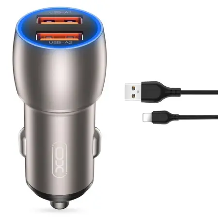 XO Auto Punjač CC52 + Lightning Kabel 36W, Sivi