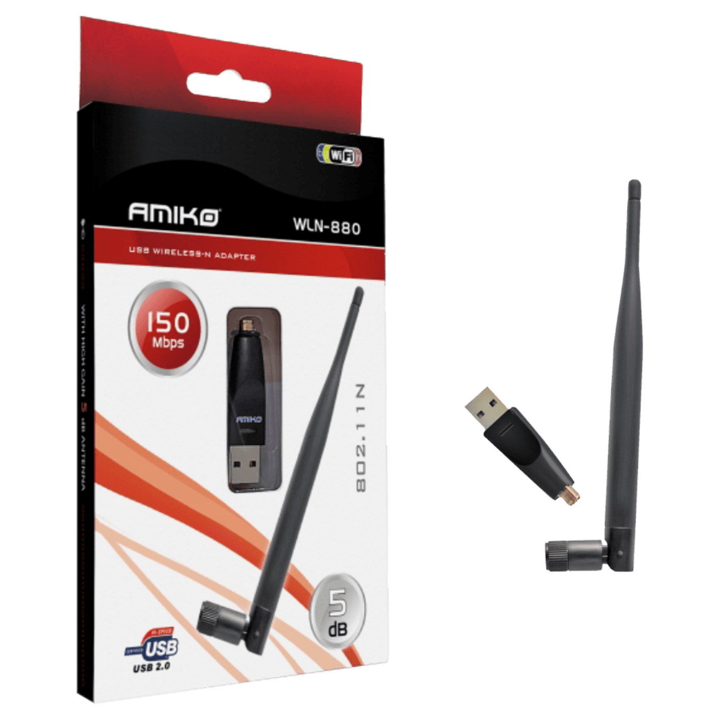 AMIKO Wi-Fi mrežna kartica WLN-880, USB, 2.4 GHz, 5 dB, 150 Mbps
