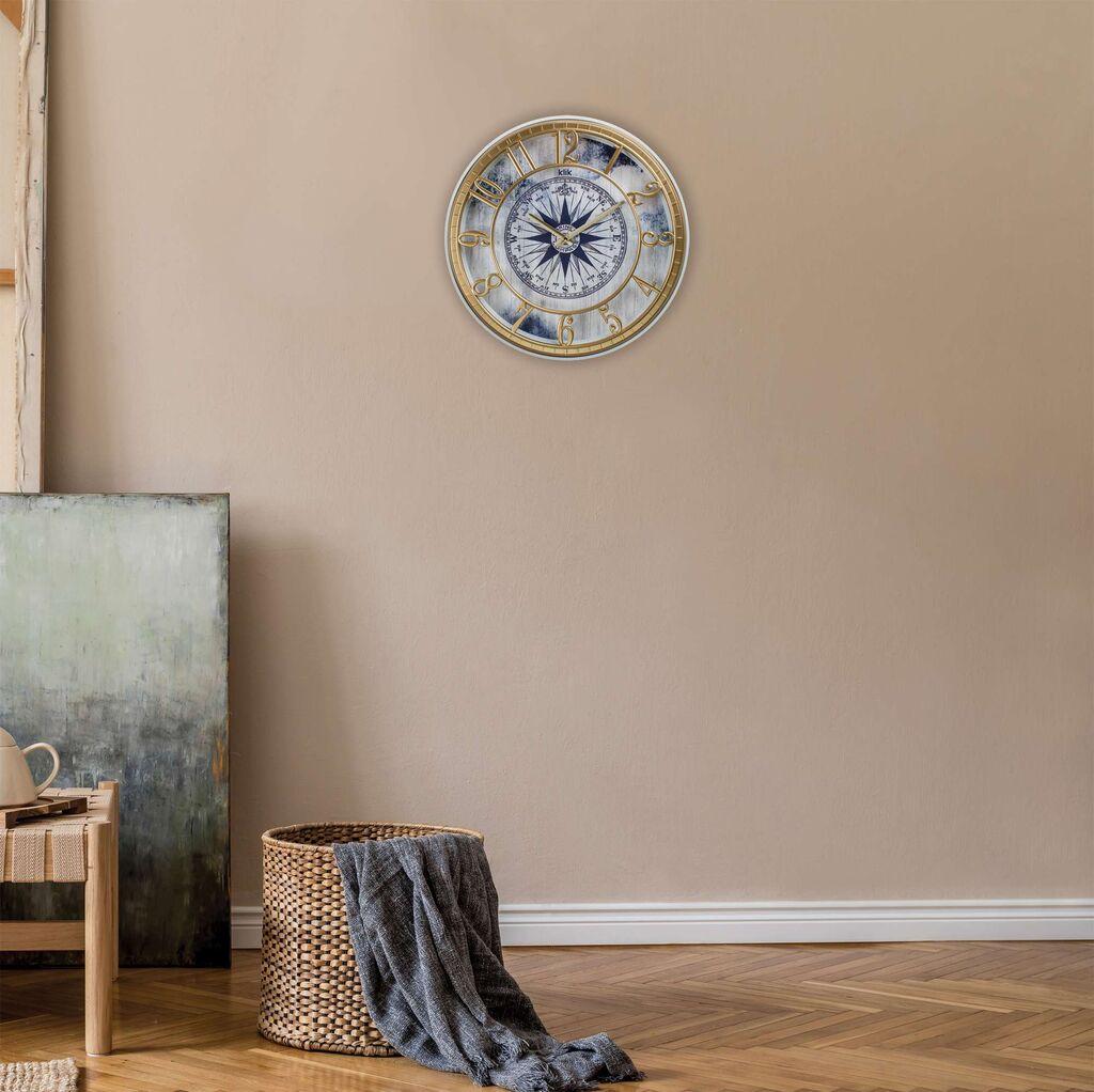 Zidni sat Hisar Kompas, 40x40 cm, Sivo-zlatna boja