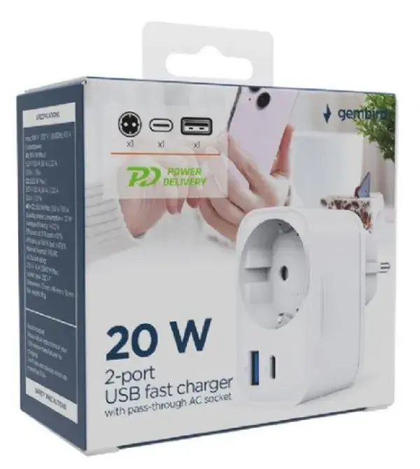 Gembird punjač TA-ACPDQC20-01-W, 20W, 2-portni, USB brzi s prolaznom AC utičnicom, bijeli