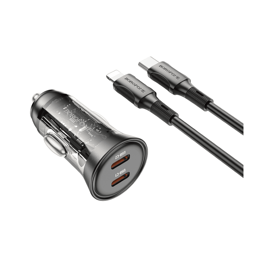 Borofone auto punjač BZ26B Type-C to iPhone PD45W 2x Type-C, 1m kabal, transparent black