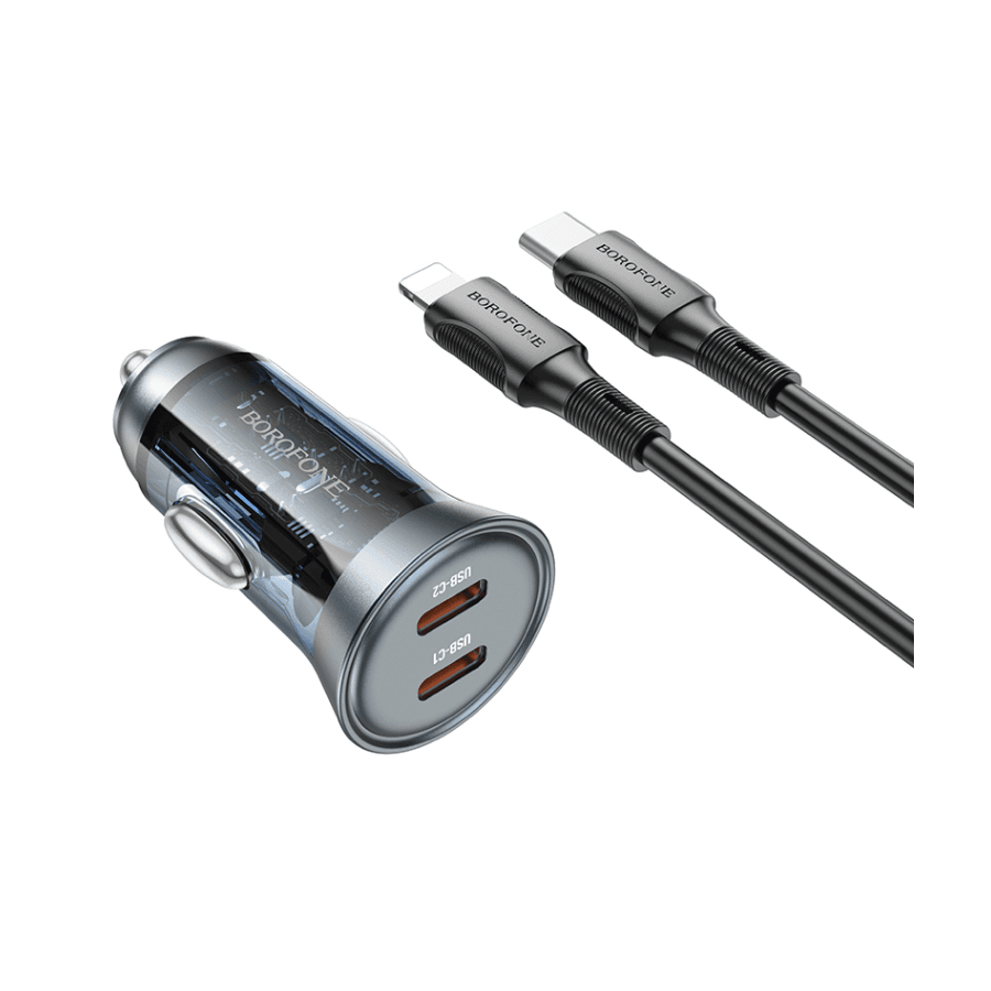 Borofone auto punjač BZ26B Type-C to iPhone PD45W 2x Type-C, 1m kabal, transparent blue