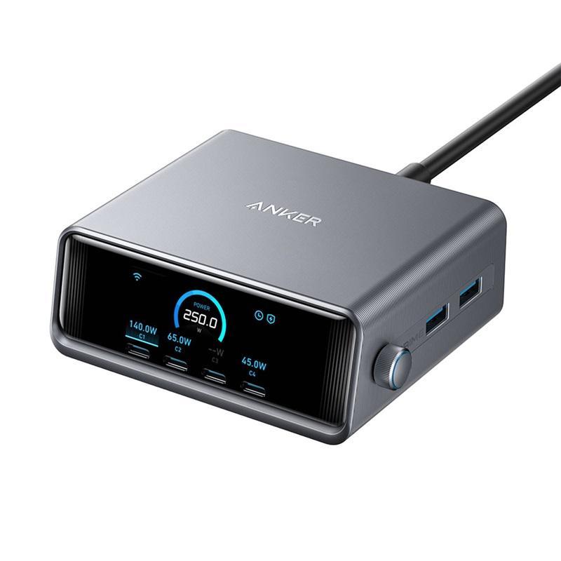 Prime Desktop brzi punjač GaN, 250W, 6 portova (4xUSB-C i 2xUSB-A), srebrni