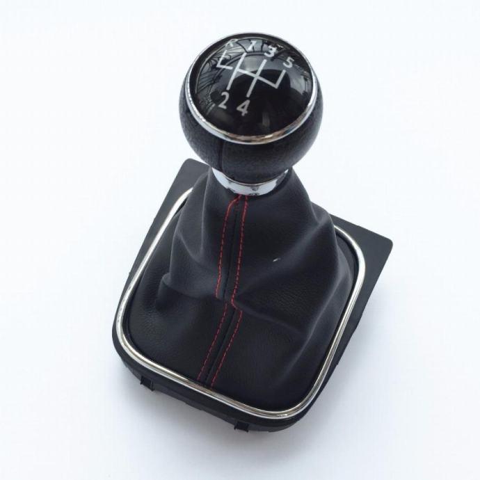 Ručka mjenjača sa 6 brzina sa kožom VW Golf V/VI 2003-2013, Hrom okvir, Crna