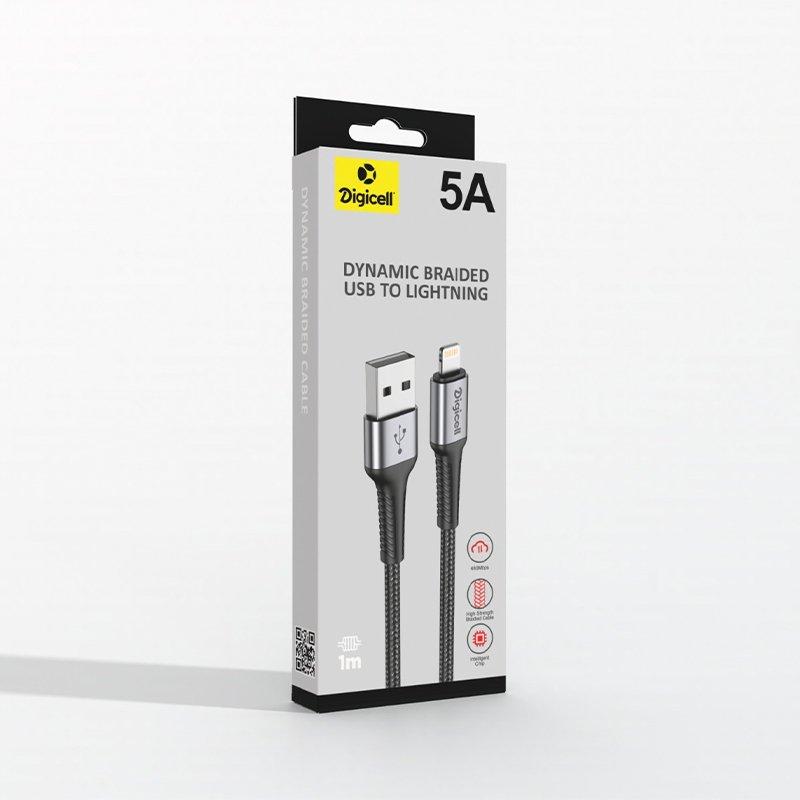 Digicell Dynamic pleteni USB na Lightning kabal 5A, Crni
