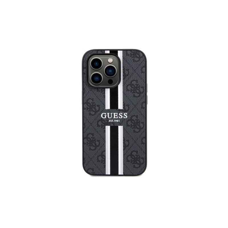 Guess Maska sa štampanim prugama MagSafe za iPhone 15, Crna