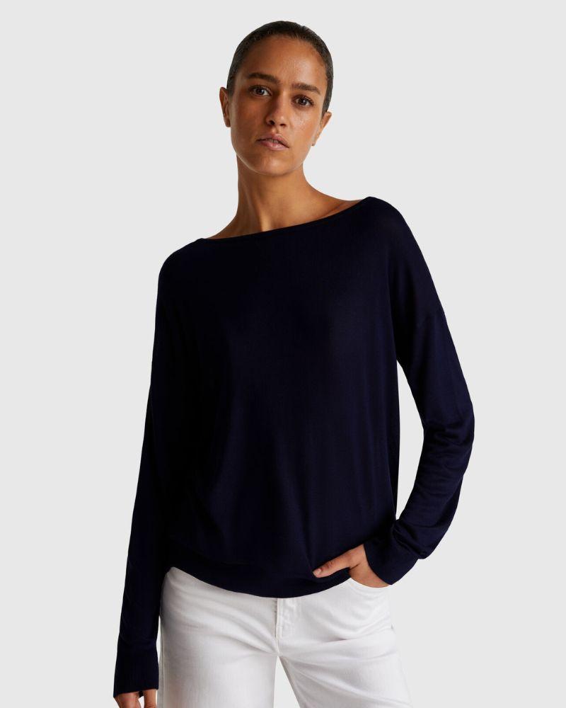 Benetton Ženska majica dugih rukava sa dubokim izrezom 103VD10AV-616-XL, Teget