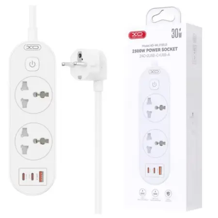 XO WL31 Produžni kabl sa zaštitom 3 Utičnica, 2xType-C , 1xUSB, 30W, 1.5m, Bijele