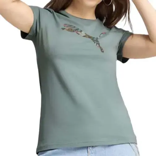 Puma ženska majica kratkih rukava s grafikom i cvjetnim logotipom mačke, maslinasta