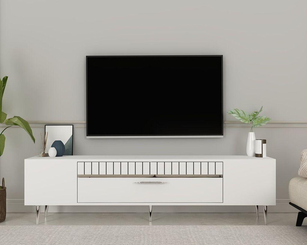 Hanah Kućni TV komoda Decolp1, 150x48x29,6 cm, Bijelo-srebrna