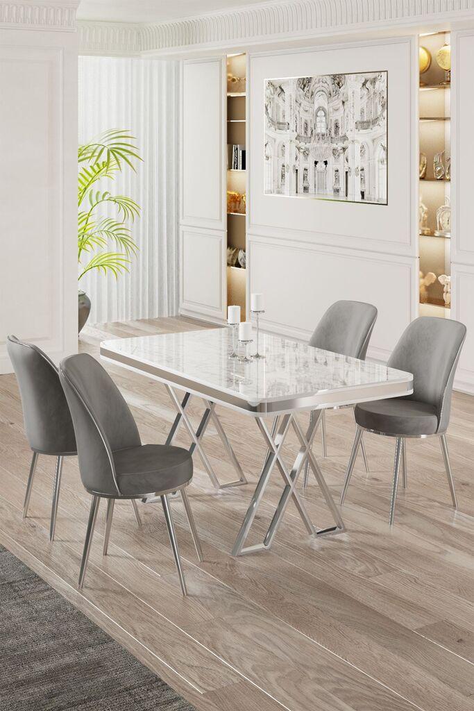 Hanah Home Set Trpezarijski sto i 4 stolice, sivo-bijela