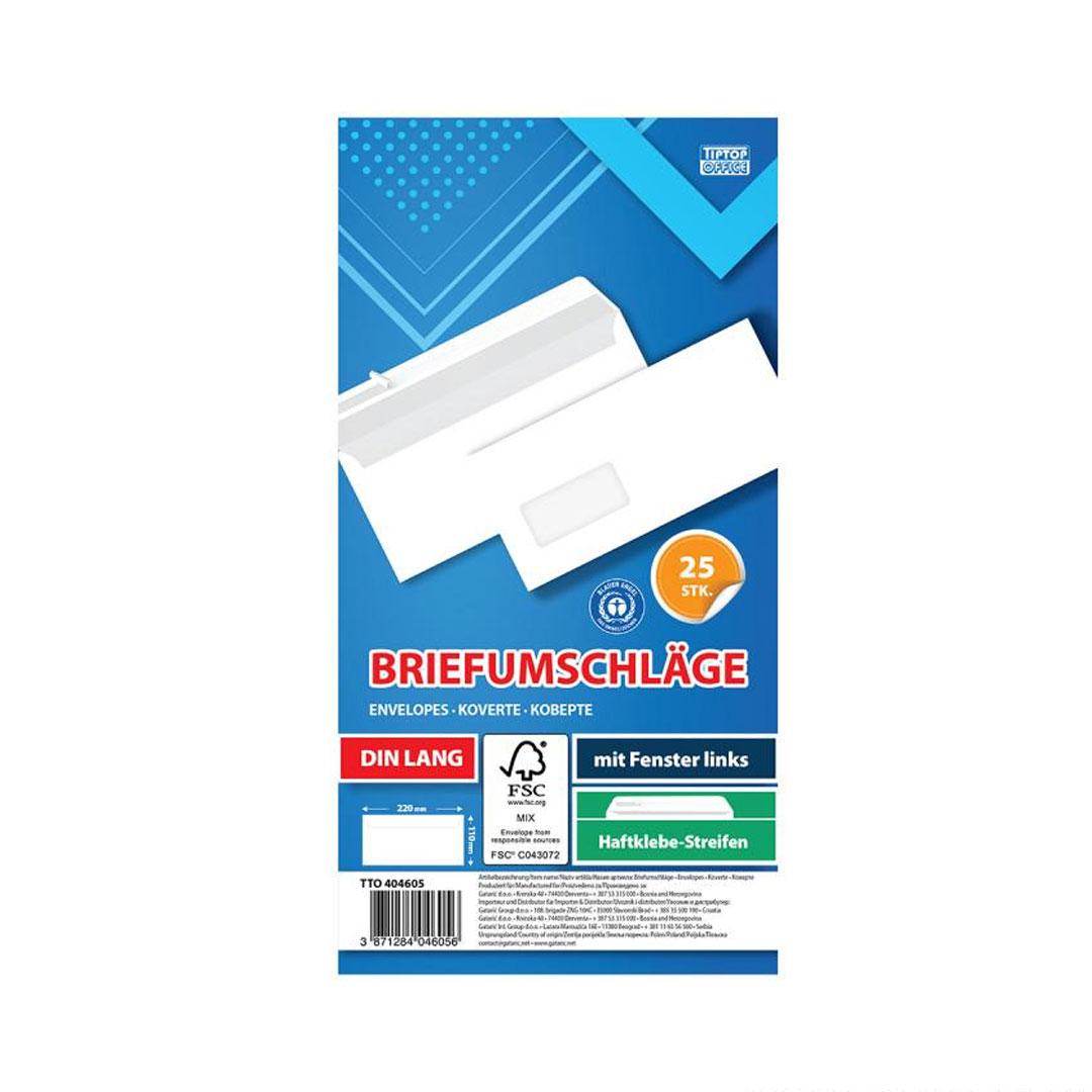 Tip Top Office Koverta strip Amerikan lijevi prozor, 25 komada, Bijela