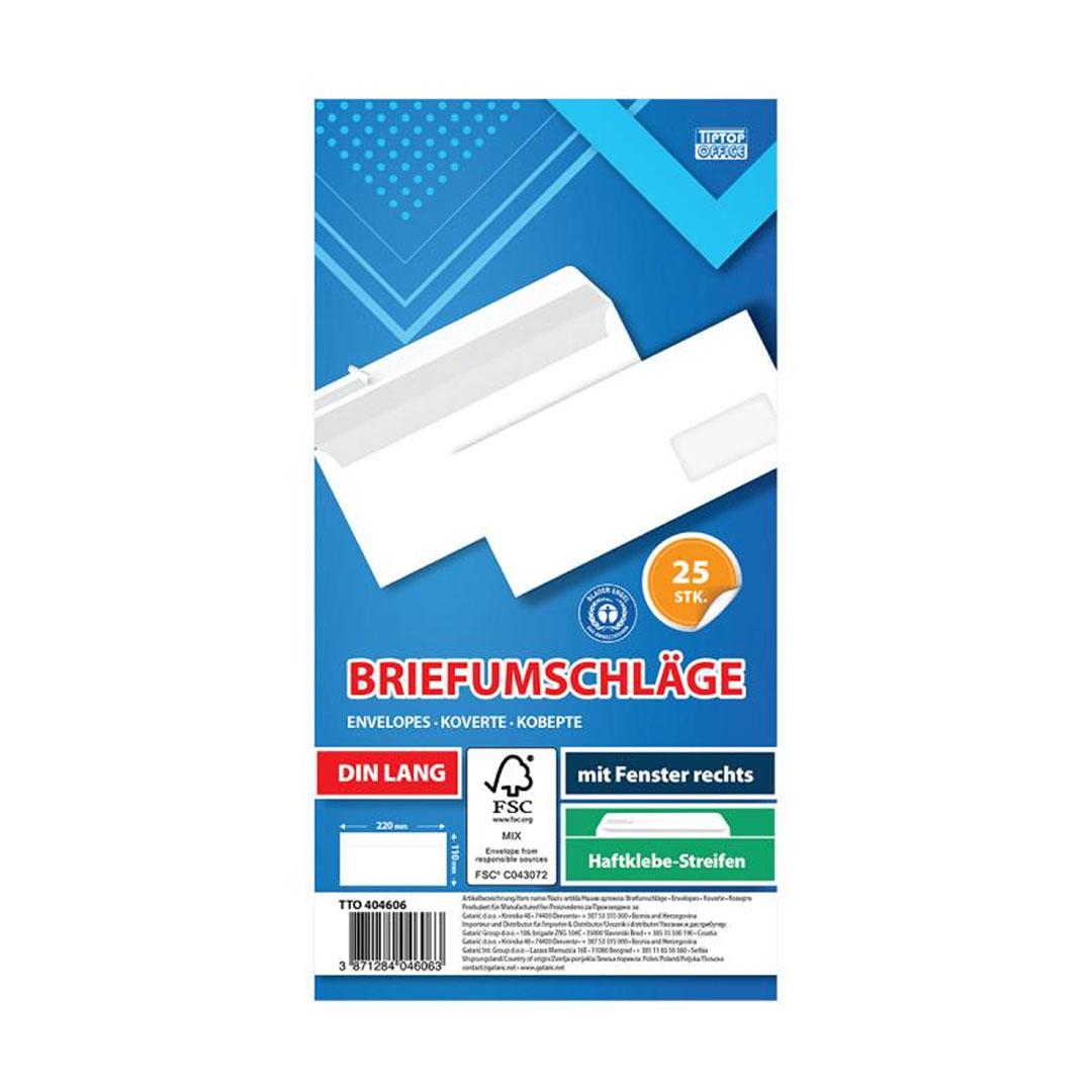 Tip Top Office Koverta strip Amerikan desni prozor, 25 komada, Bijela