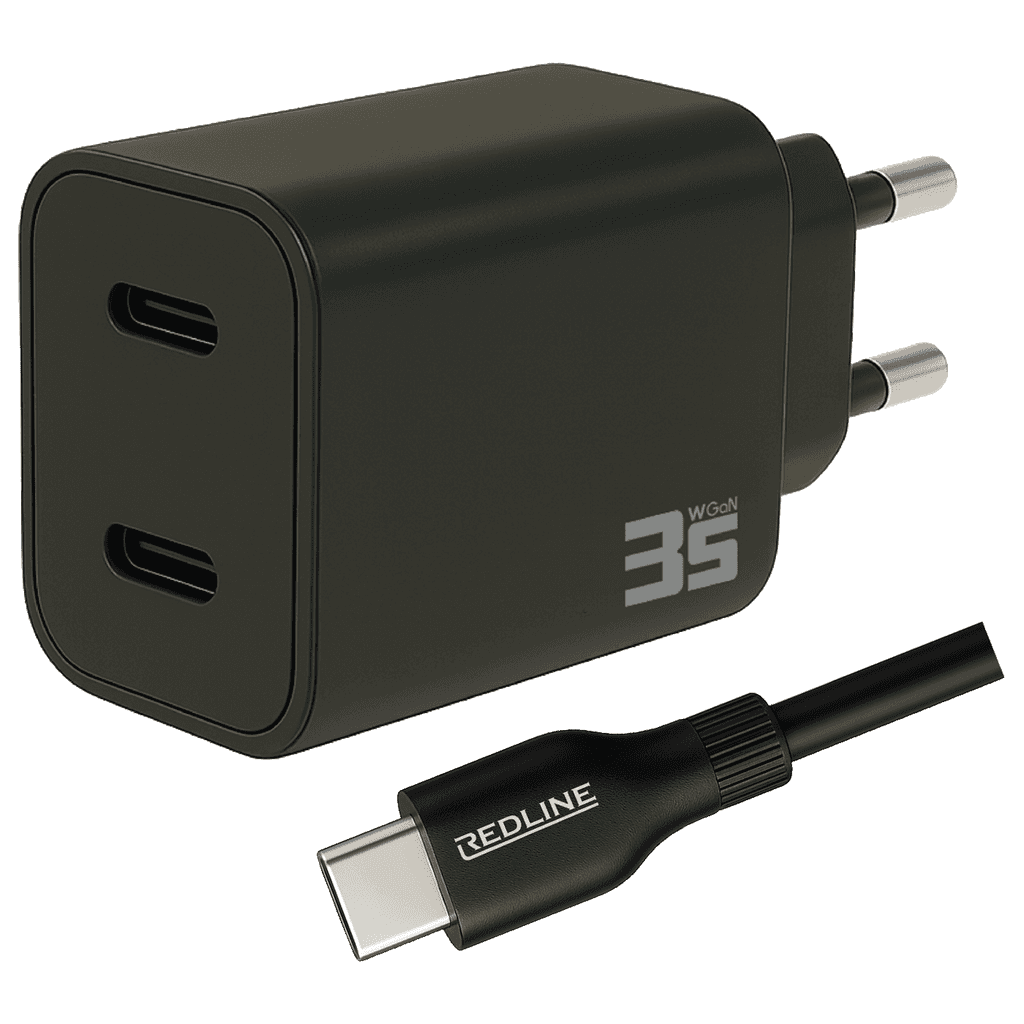 Redline Punjač sa USB-C kablom PQ351CC+CC1.2M60W, 2 x USB-C, brzi, 35W, GaN, Crni