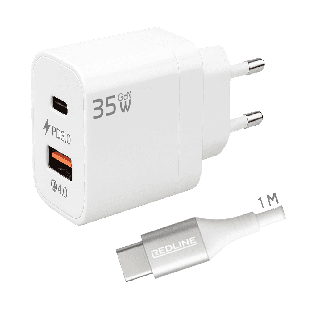 Redline Punjač sa USB-C kablom GL-35-AC+CC-1M(60W),  1 x USB-A, 1 x USB-C, 35W, Bijeli