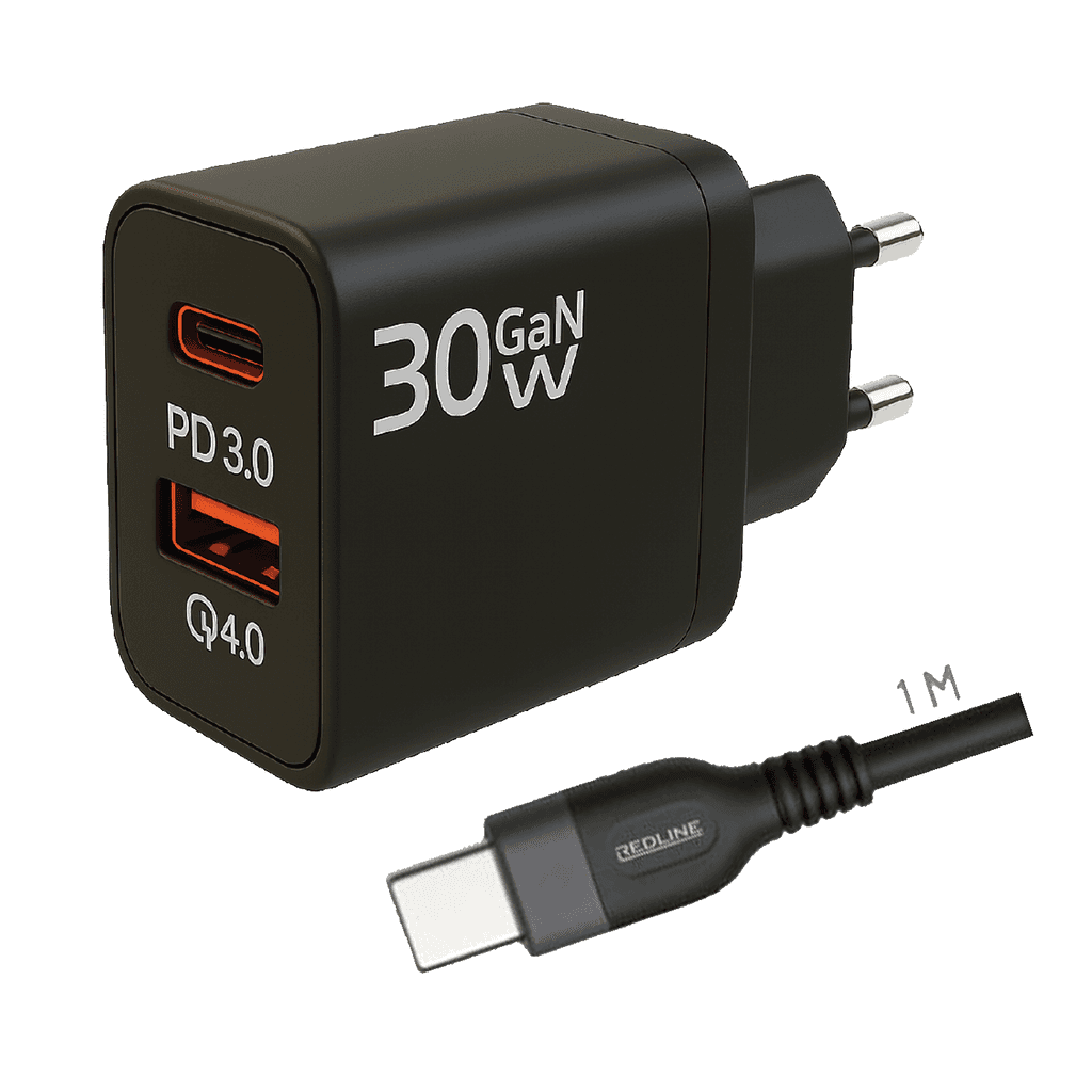Redline  Punjač sa USB-C kablom GL30AC+CC-1M, 1 x USB-A, 1 x USB-C, 30W, Crni