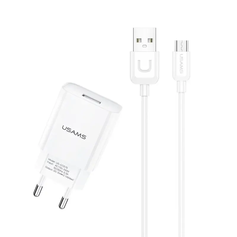 Usams Punjač za mobilni telefon T21, T18 Single USB EU punjač, Uturn Micro USB kabl, Bijeli