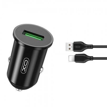 XO Auto punjač TZ12, QC3.0, 18W, Crni + Lightning kabl, 1m, Crni