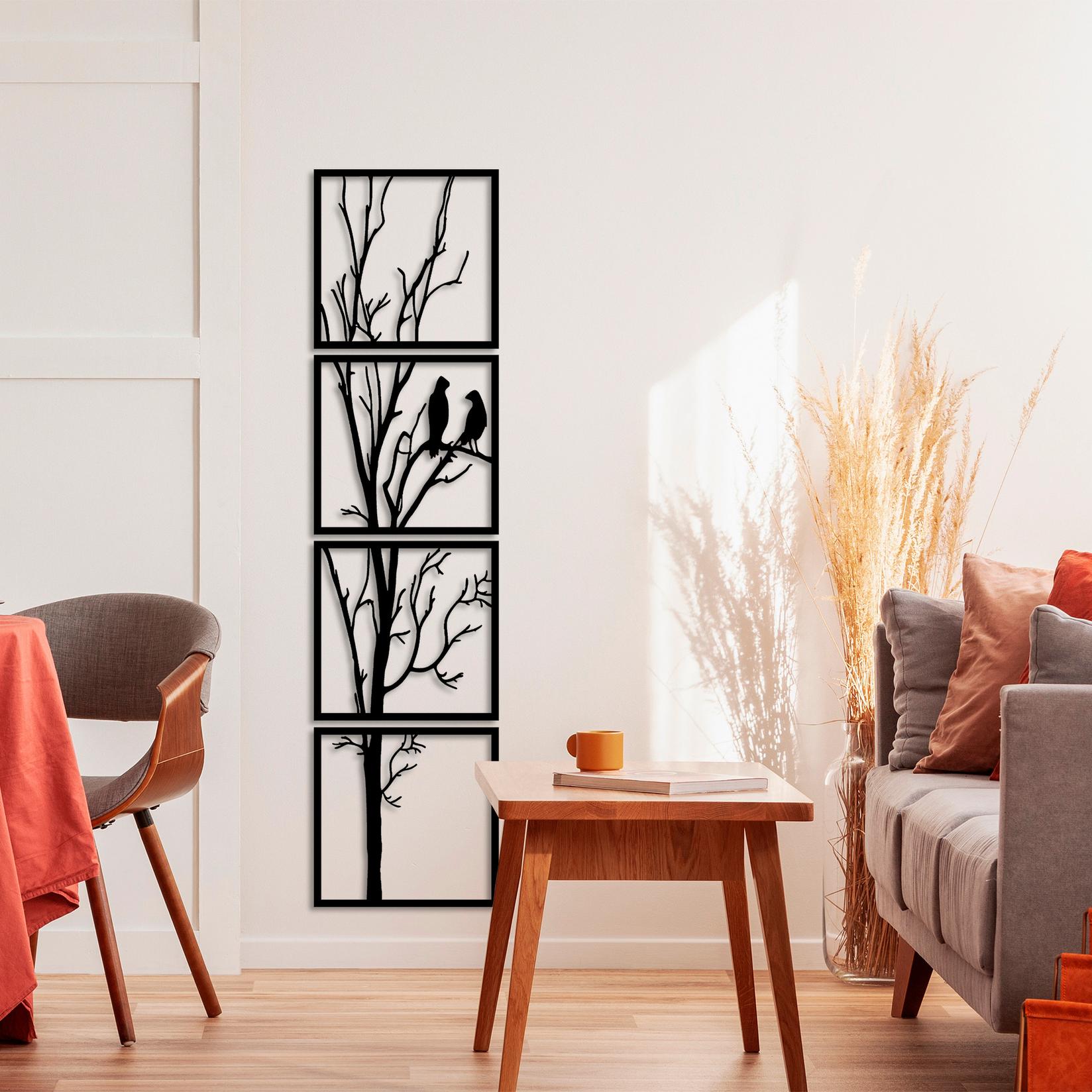 Wallity Set zidnih ukrasa Drvo i ptice B, 44x44 cm, 1,5 mm, 4 komada, Crna