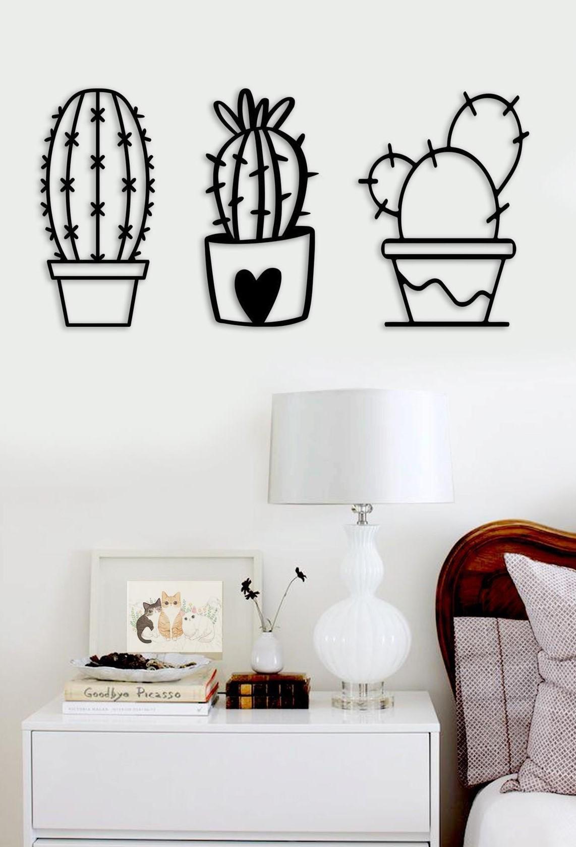 Wallity Zidna dekoracija Porodica kaktusa, 35x69 cm, 1,5 mm, Crna