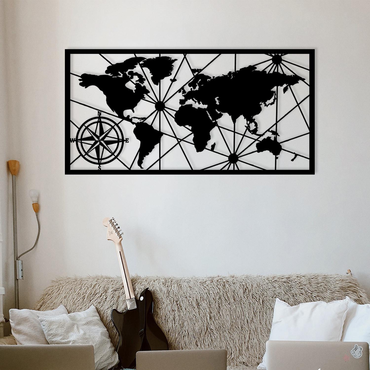 Wallity Zidna dekoracija Velika mapa svijeta, 120x60 cm, 1,2 mm, crna