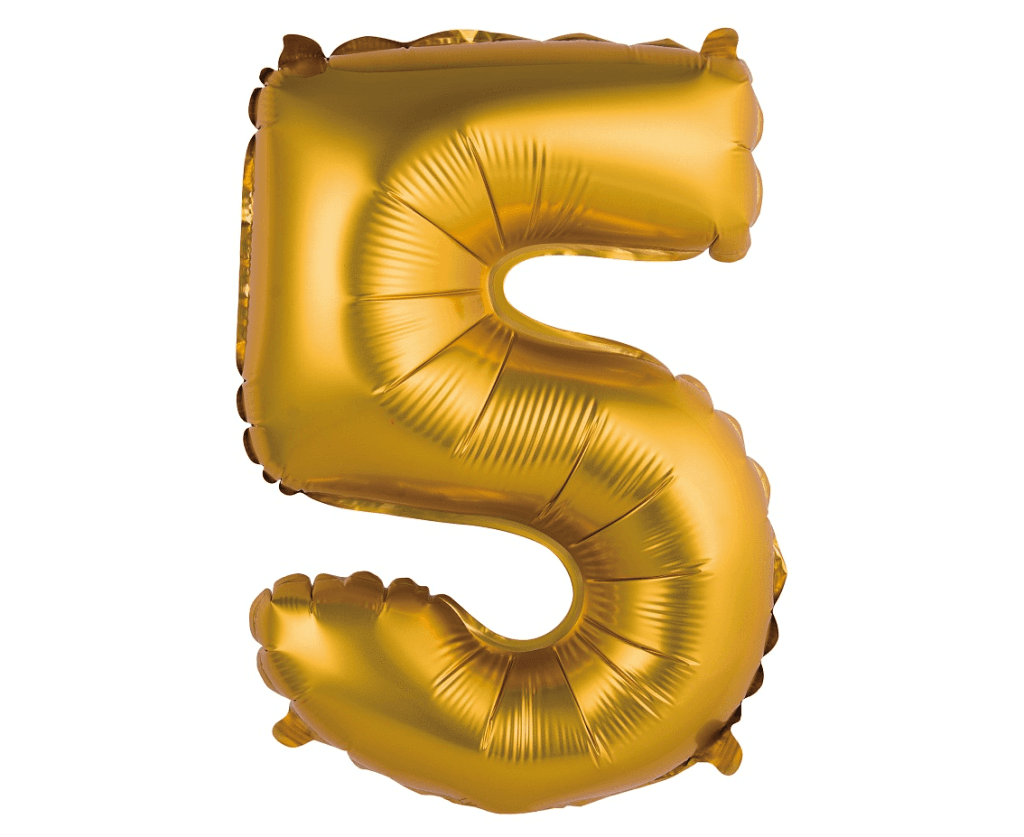 Partydeco Folijski balon BC-AZL5, 35 cm, Broj 5, Zlatni