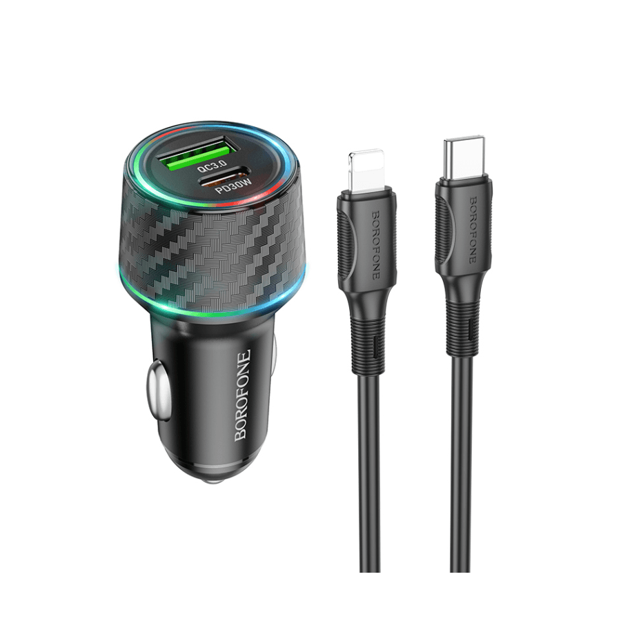 Borofone Auto Punjač sa kablom BZ21, Tip-C na Lightning, 48W, PD30W, QC3.0 USB, 1m, Crni