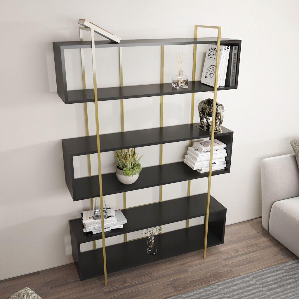Hanah Home Bruti Antracit Zlatna Polica za Knjige 120x180x29.6cm, Crna