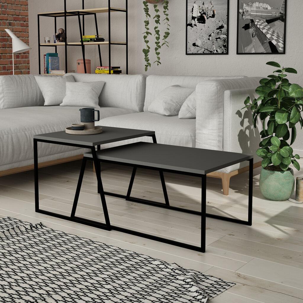Hanah Home Pal Orta Sehpa Stol za dnevni boravak (2 komada), Tamno siva