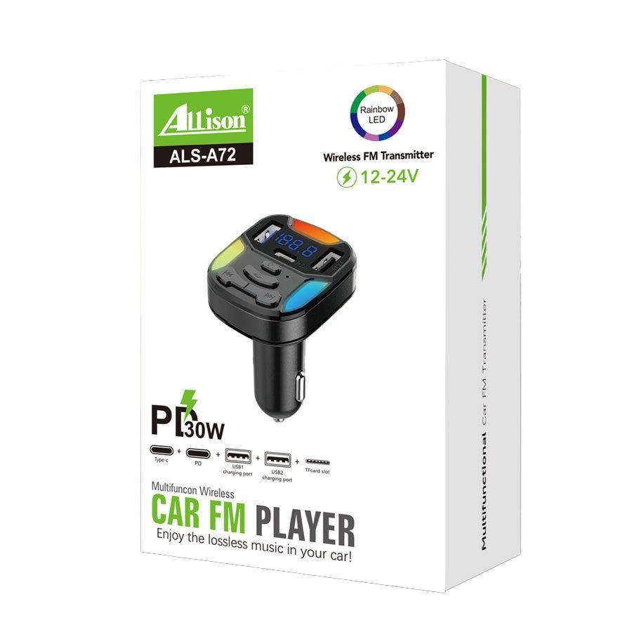 Allison Bluetooth FM Transmite ALS-A72 PD 30W 2USB TF Card slot, Crni