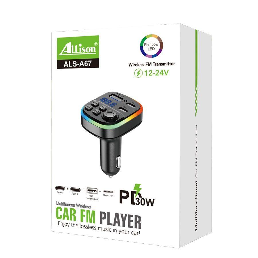 Allison Bluetooth FM Transmite ALS-A67 PD 30W 2USB TF Card slot, Crni