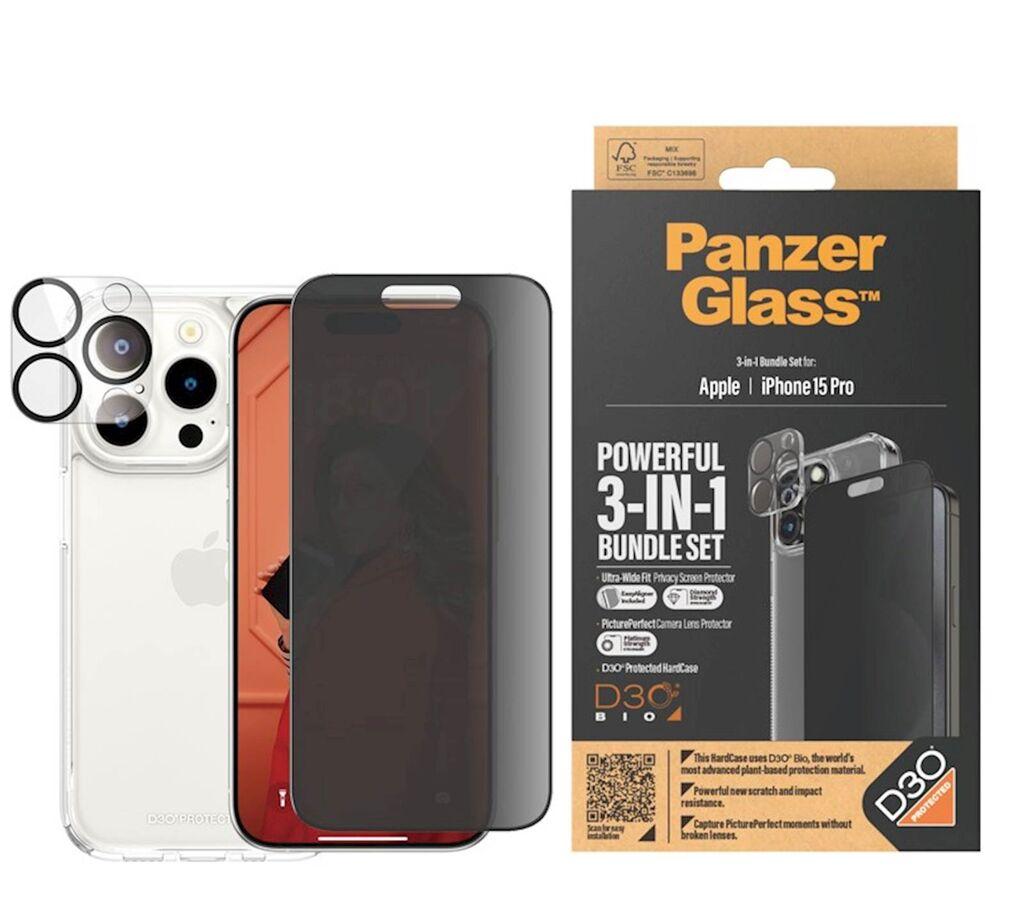 PanzerGlass Set za zaštitu mobilnog telefona iPhone 15 Pro, Maska, Zaštitno staklo (Privacy), Zaštitno staklo za kameru