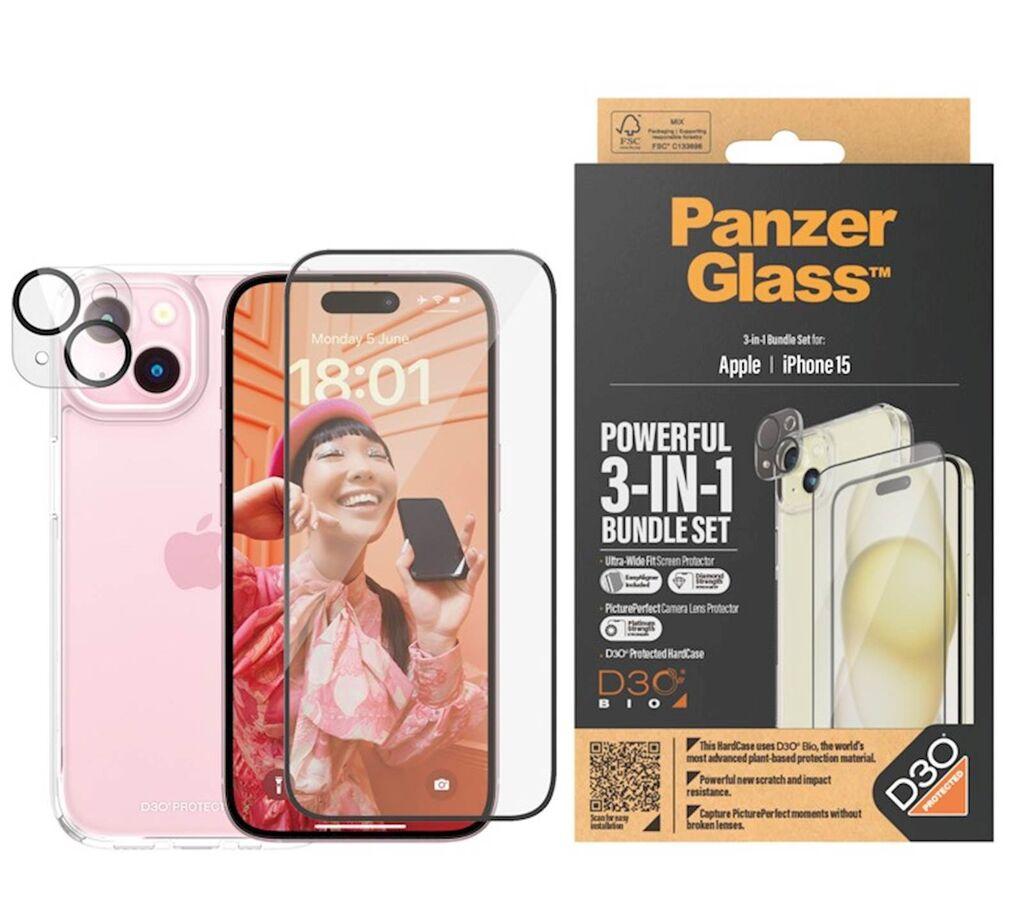 PanzerGlass Set za zaštitu mobilnog telefona iPhone 15, Maska, Zaštitno staklo, Zaštitno staklo za kameru