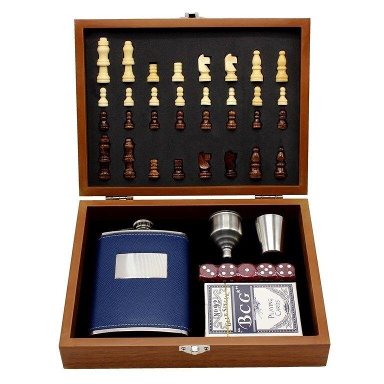 Poklon set pljoska sa kartama, kockicama i šahom u drvenoj kutiji, 240 ml (Plava)