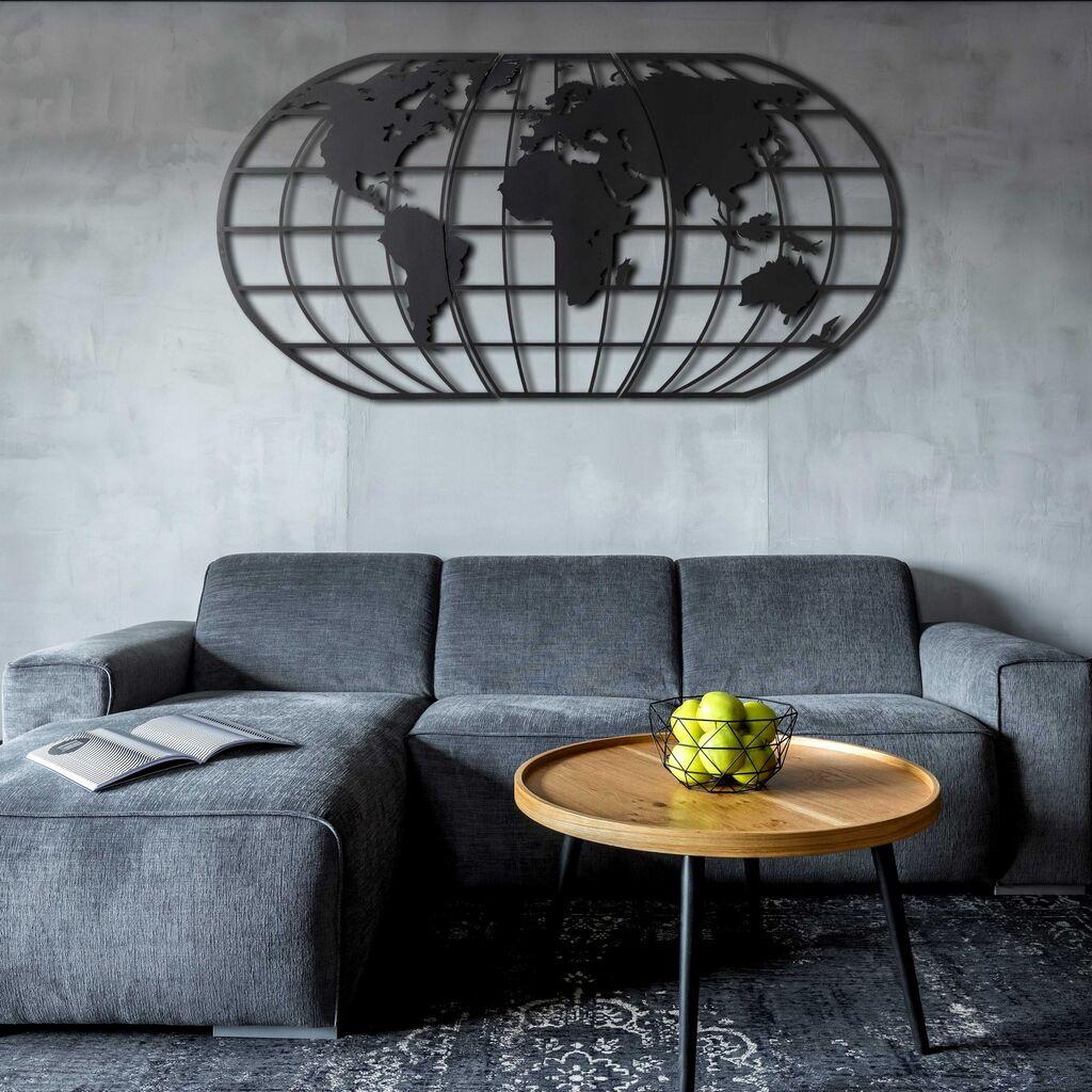 Wallity Zidna dekoracija Svjetska karta Globus, 60x120cm, Crna