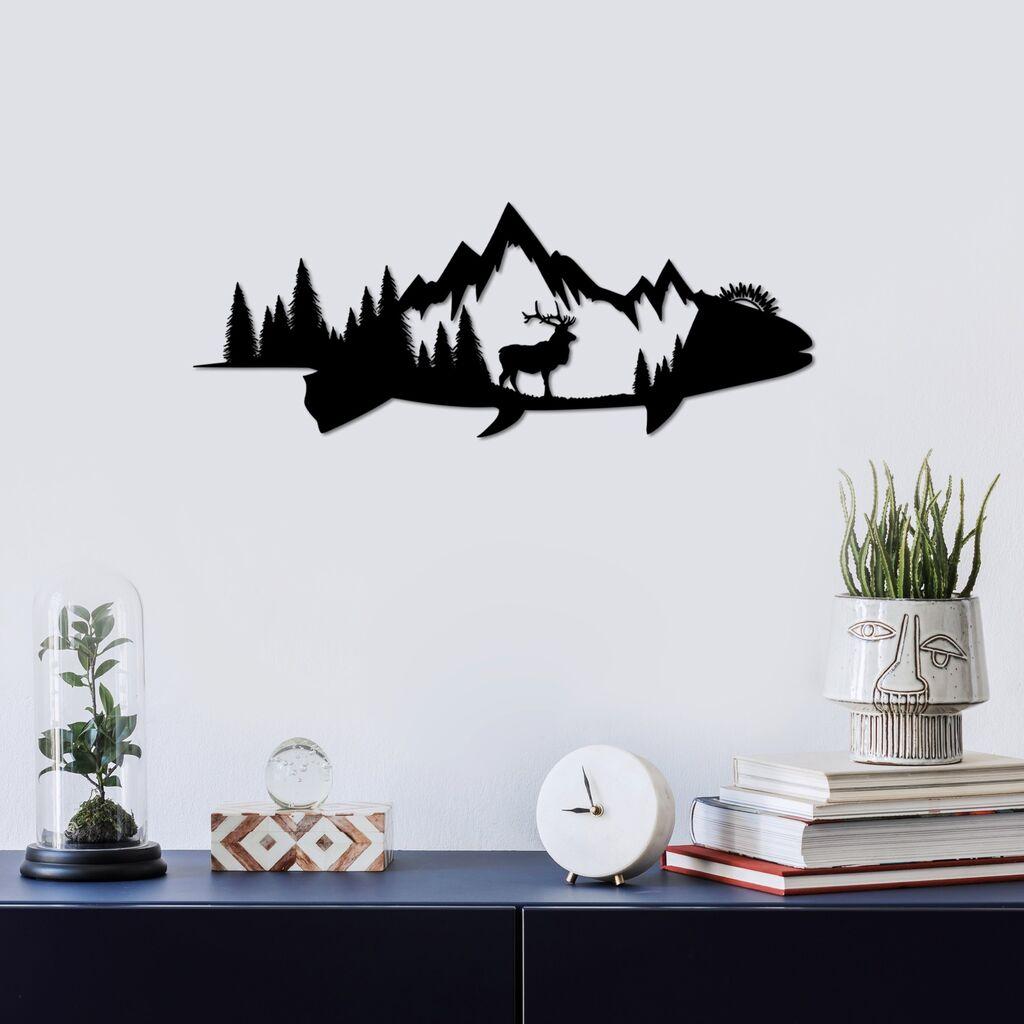 Wallity Zidna dekoracija Planina i jelen, 70x26cm, Crna