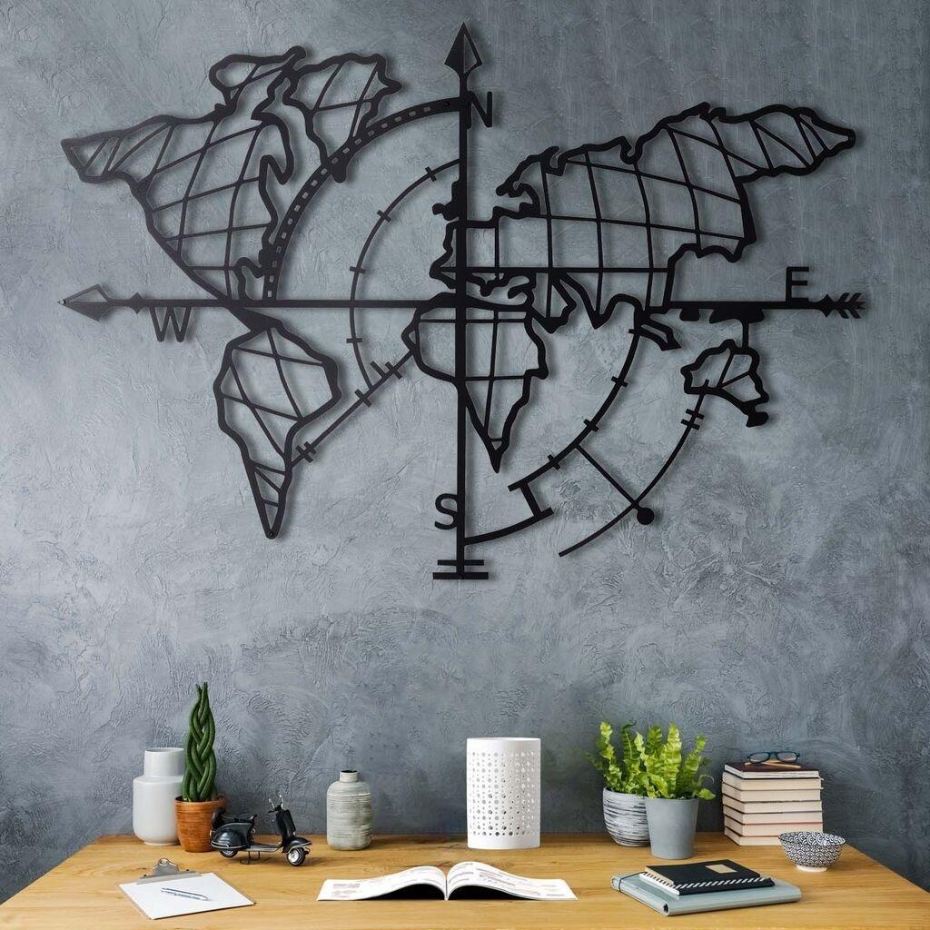 Wallity Zidna dekoracija Svjetska karta kompas, 65x95cm, crna
