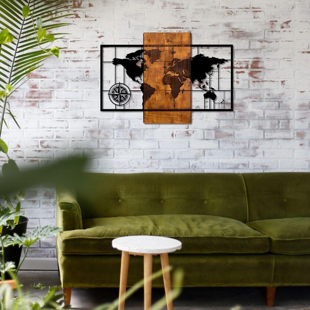 Wallity Zidna dekoracija Mapa svijeta sa kompasom, 85x58cm