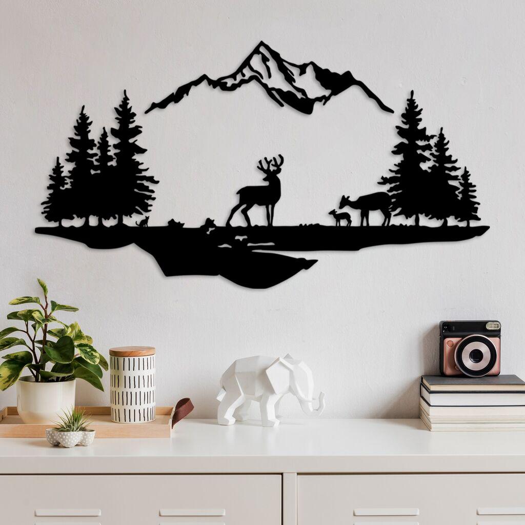 Wallity Zidna dekoracija Jelen i pejzaž-1, 38x11 70x38 cm, Crna