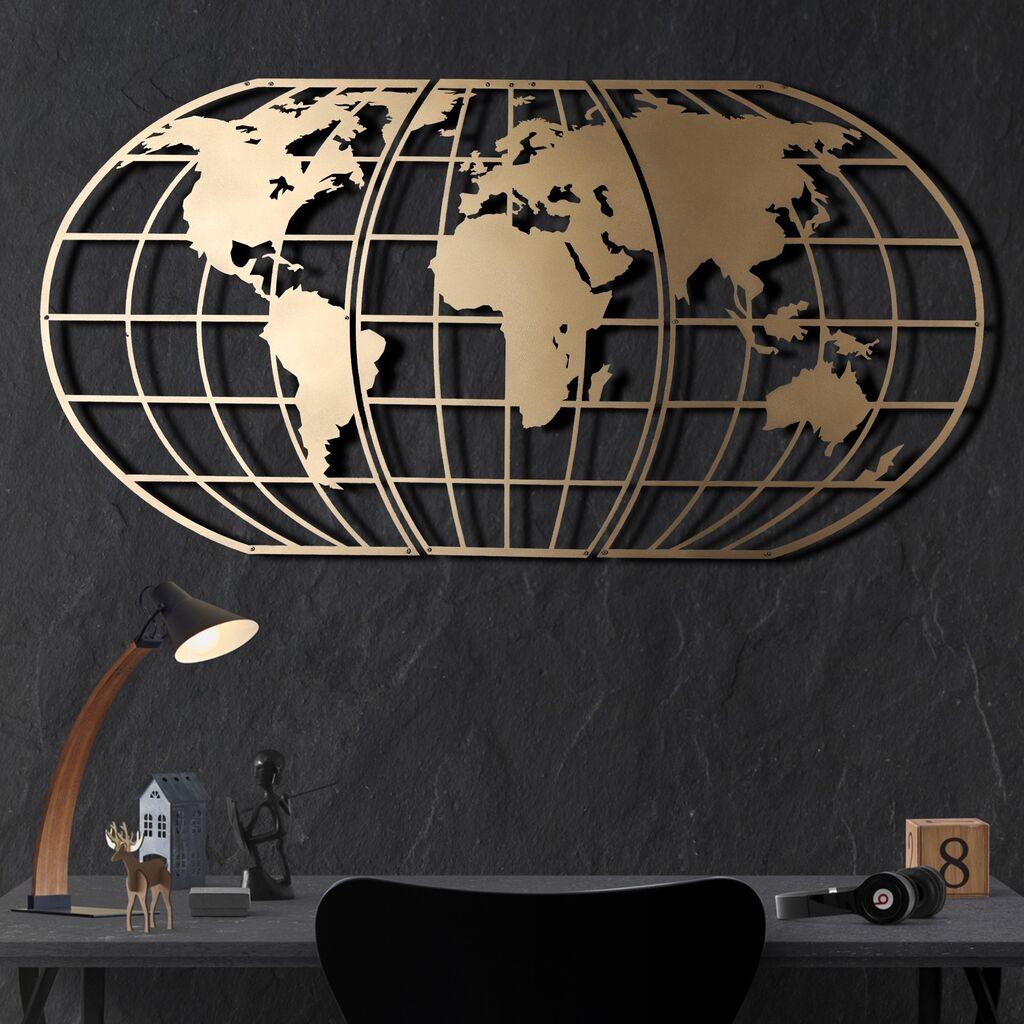 Wallity Zidna dekoracija Svjetska karta Globus, 60x120cm, Zlatne boje